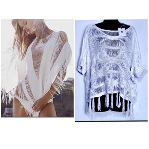 Fringed white boho fringed sweater Sinéquanone, designed in Paris